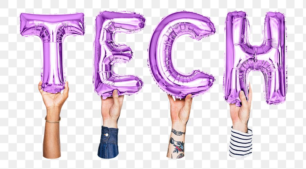 Tech word png, hands holding balloon typography, transparent background