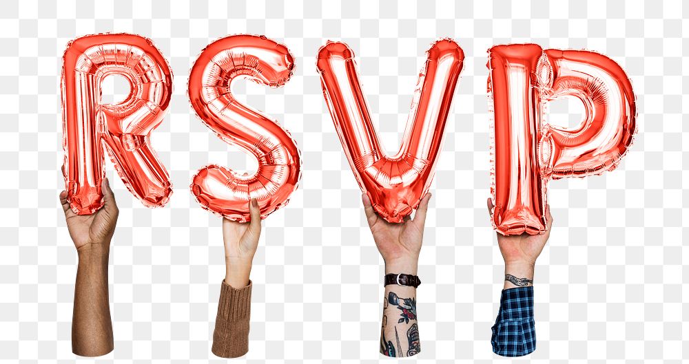 RSVP word png, hands holding balloon typography, transparent background