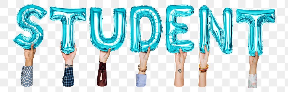 Student word png, hands holding balloon typography, transparent background