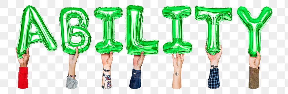 Ability word png, hands holding balloon typography, transparent background