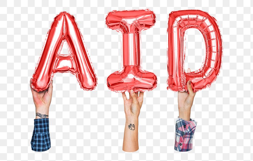 AID word png, hands holding balloon typography, transparent background