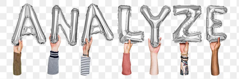 Analyze word png, hands holding balloon typography, transparent background