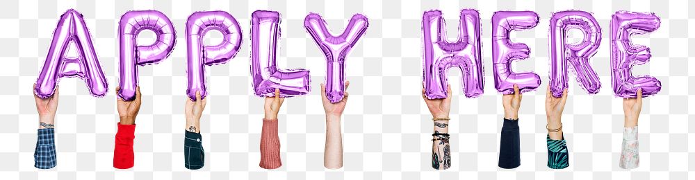 Apply here word png, hands holding balloon typography, transparent background