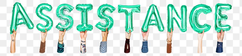 Assistance word png, hands holding balloon typography, transparent background