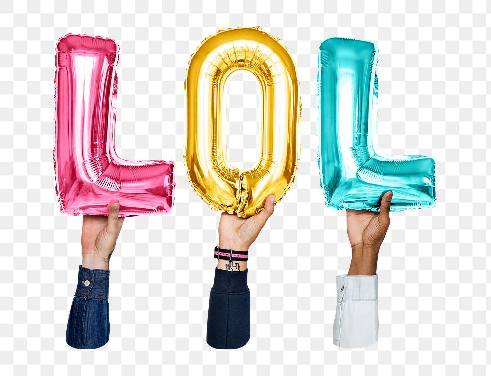 LOL word png, hands holding balloon typography, transparent background