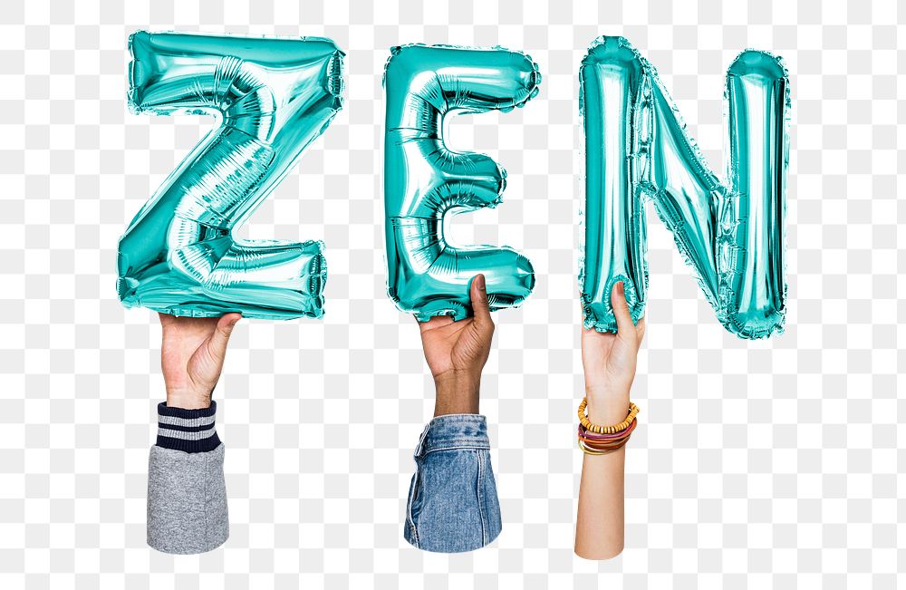 Zen word png, hands holding balloon typography, transparent background