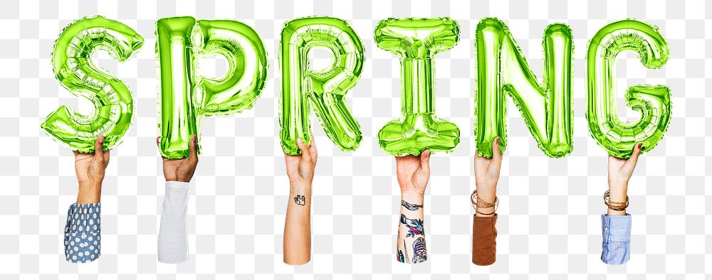 Spring word png, hands holding balloon typography, transparent background