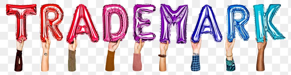 Trademark word png, hands holding balloon typography, transparent background
