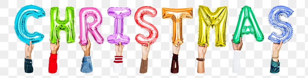 Christmas word png, hands holding balloon typography, transparent background
