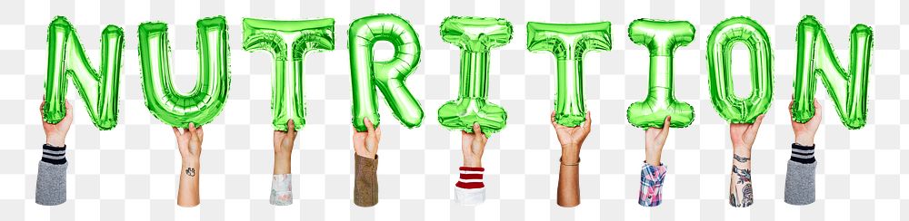 Nutrition word png, hands holding balloon typography, transparent background