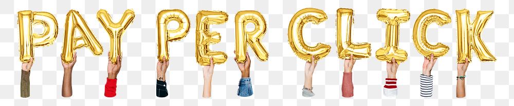 Pay per click png word, hands holding balloon typography, transparent background