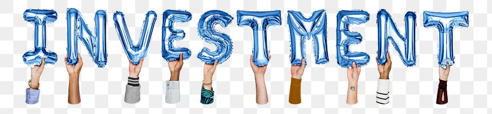 Investment word png, hands holding balloon typography, transparent background