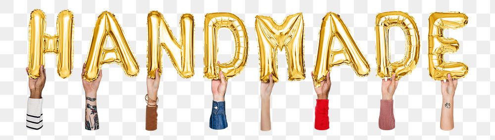 Handmade word png, hands holding balloon typography, transparent background