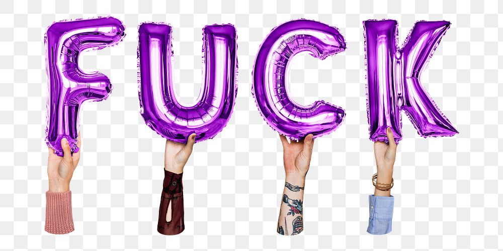 Fuck word png, hands holding balloon typography, transparent background