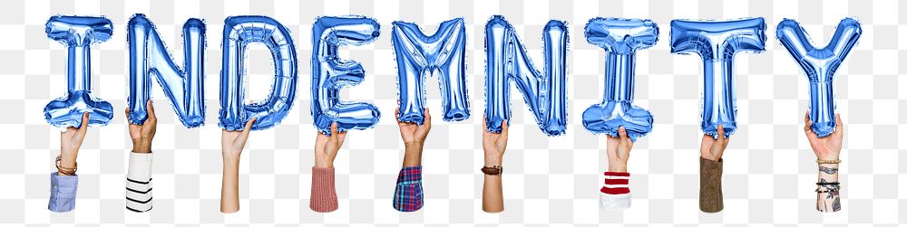 Indemnity word png, hands holding balloon typography, transparent background