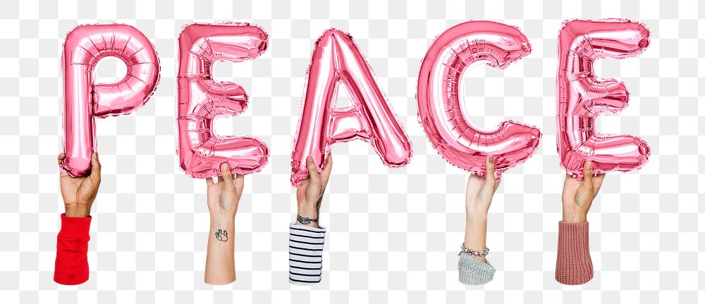 Peace word png, hands holding balloon typography, transparent background