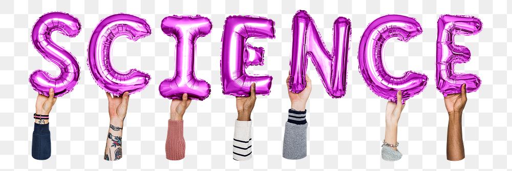Science word png, hands holding balloon typography, transparent background