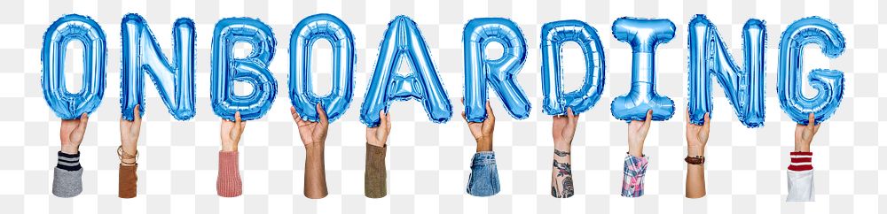 Onboarding word png, hands holding balloon typography, transparent background