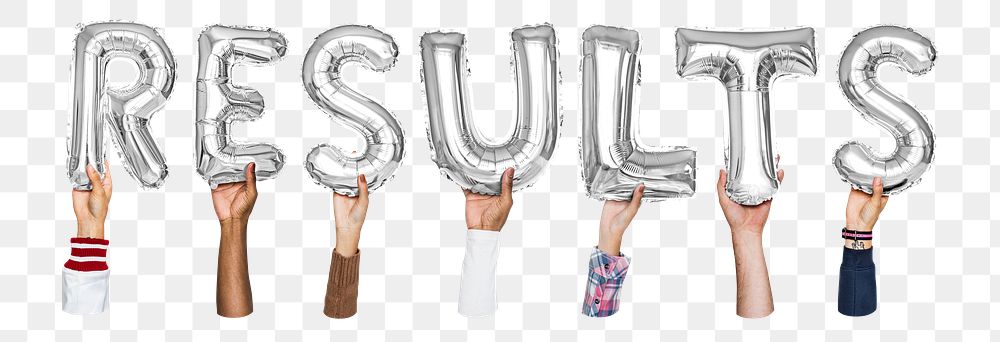 Results word png, hands holding balloon typography, transparent background