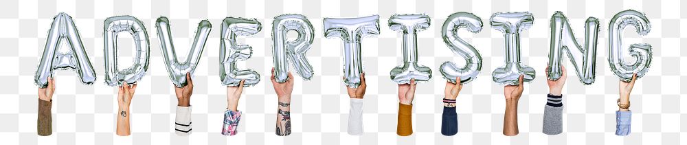 Advertising word png, hands holding balloon typography, transparent background