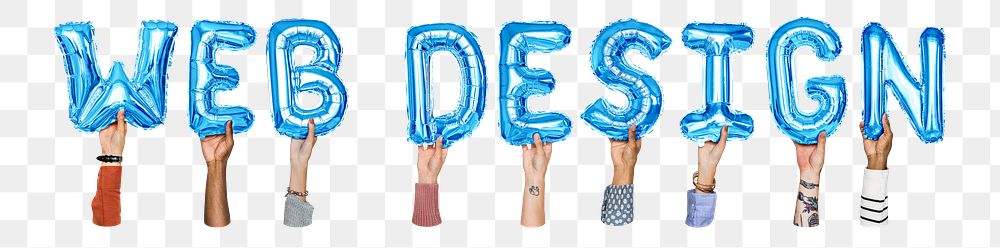 Web design word png, hands holding balloon typography, transparent background