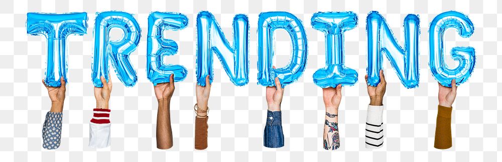 Trending word png, hands holding balloon typography, transparent background