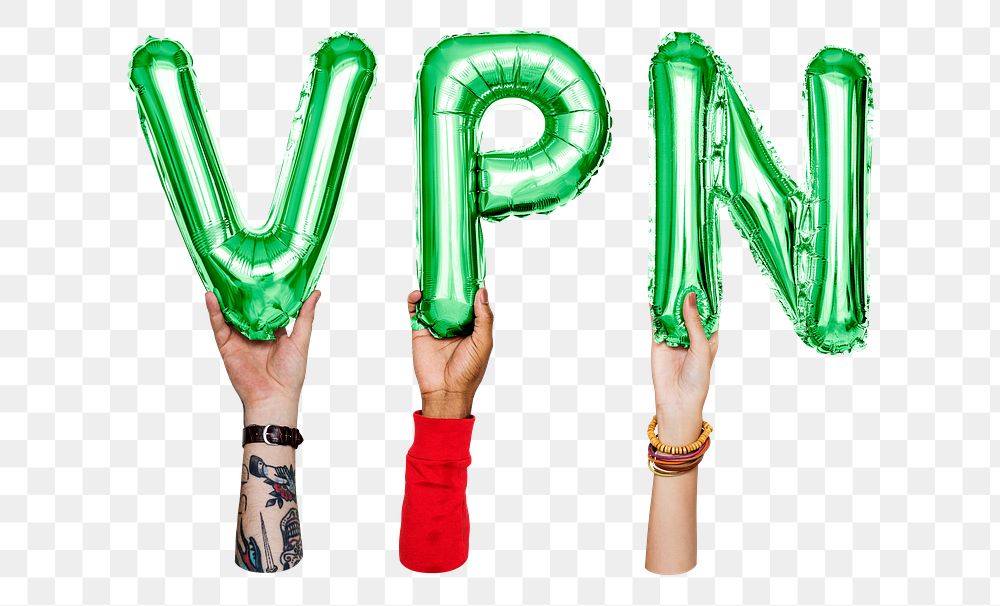 VPN word png, hands holding balloon typography, transparent background