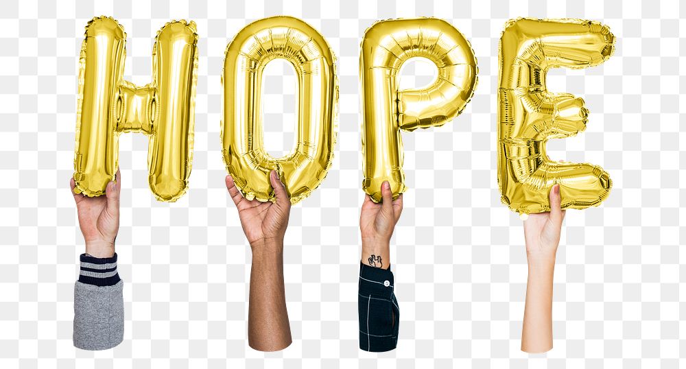 Hope word png, hands holding balloon typography, transparent background