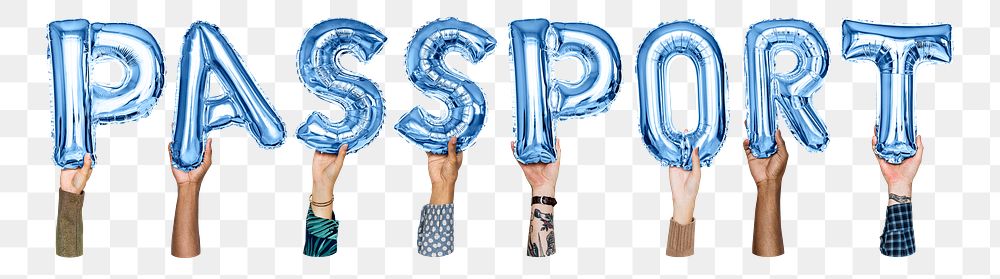 Passport word png, hands holding balloon typography, transparent background