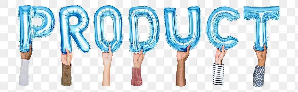 Product word png, hands holding balloon typography, transparent background