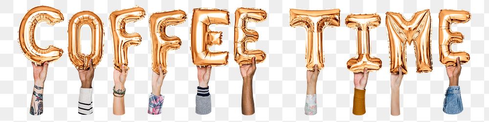 Coffee time word png, hands holding balloon typography, transparent background