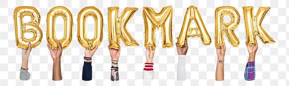 Bookmark word png, hands holding balloon typography, transparent background