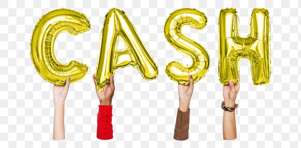 Cash word png, hands holding balloon typography, transparent background