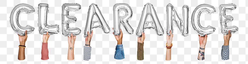 Clearance word png, hands holding balloon typography, transparent background