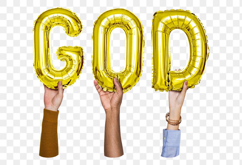 God word png, hands holding balloon typography, transparent background