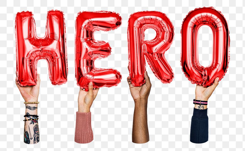 Hero word png, hands holding balloon typography, transparent background
