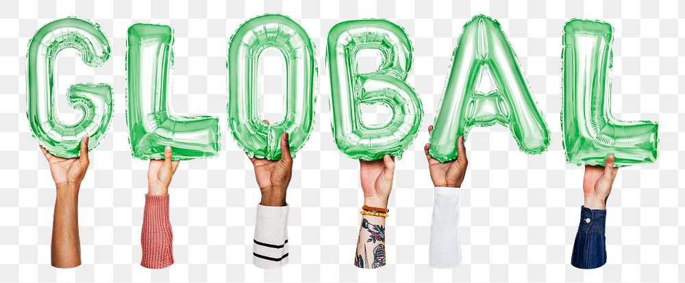Global word png, hands holding balloon typography, transparent background