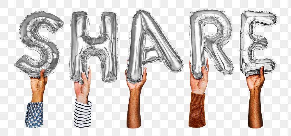 Share word png, hands holding balloon typography, transparent background