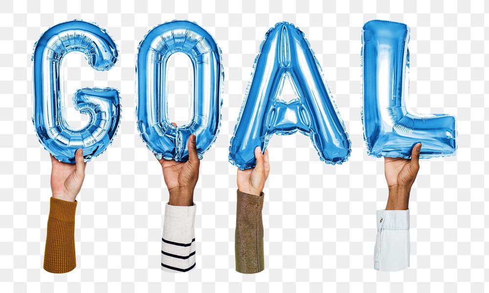 Goal word png, hands holding balloon typography, transparent background