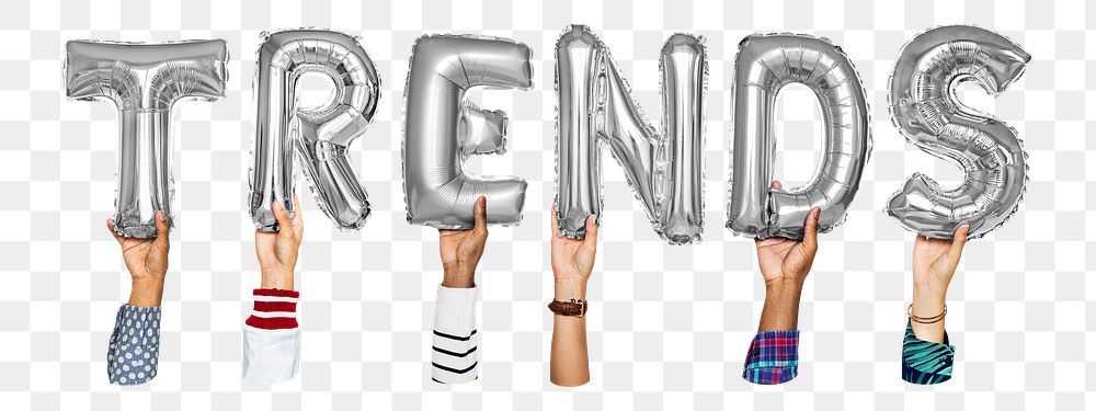 Trends word png, hands holding balloon typography, transparent background
