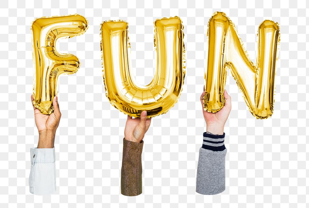 Fun word png, hands holding balloon typography, transparent background