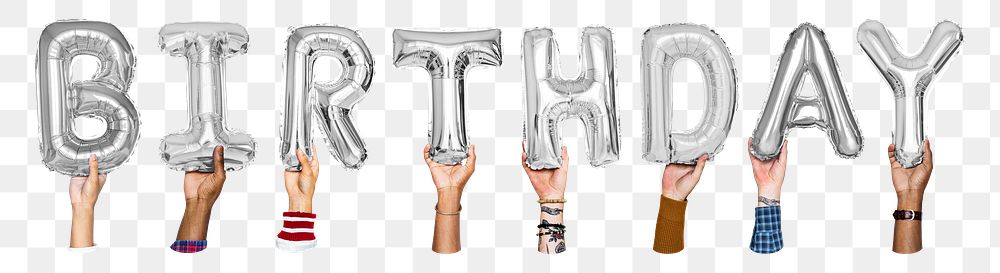 Birthday word png, hands holding balloon typography, transparent background