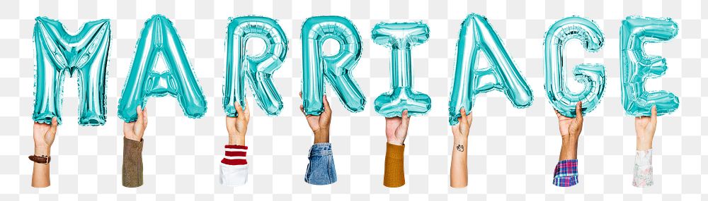 Marriage word png, hands holding balloon typography, transparent background
