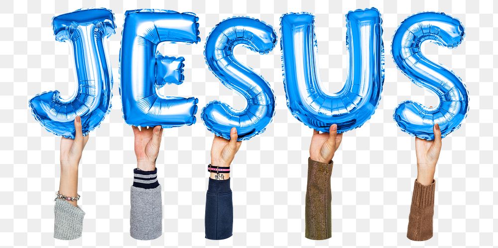 Jesus word png, hands holding balloon typography, transparent background