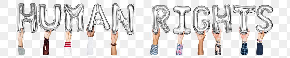 Human rights word png, hands holding balloon typography, transparent background