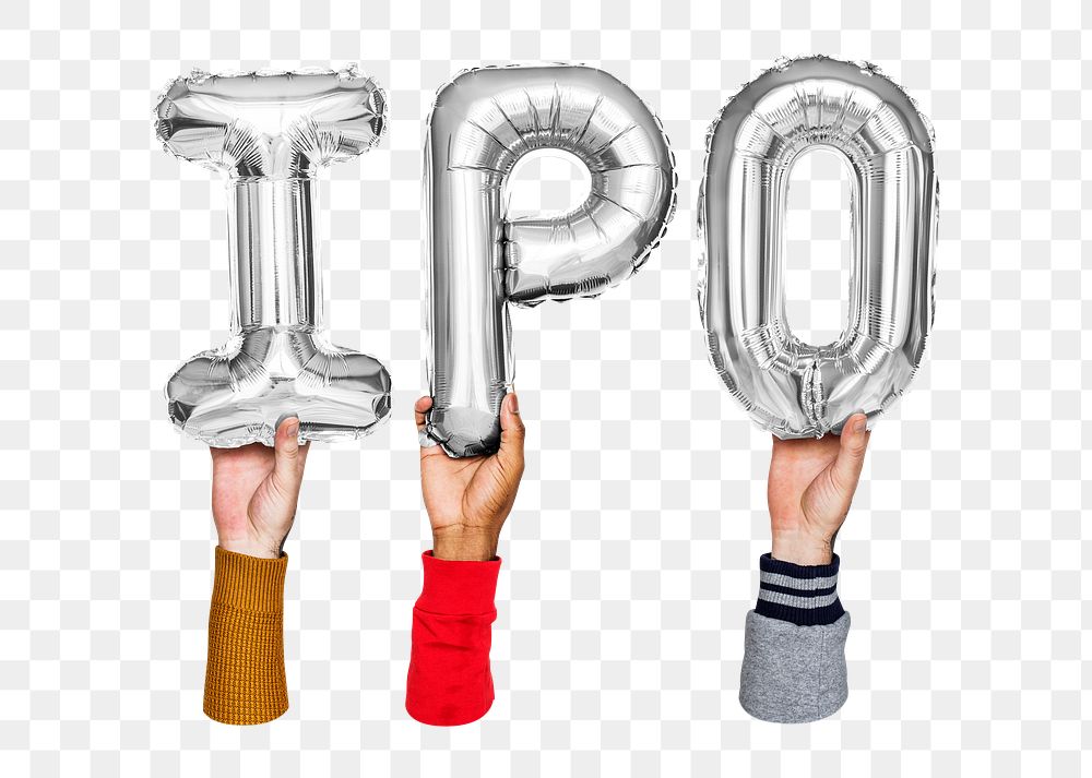 IPO word png, hands holding balloon typography, transparent background