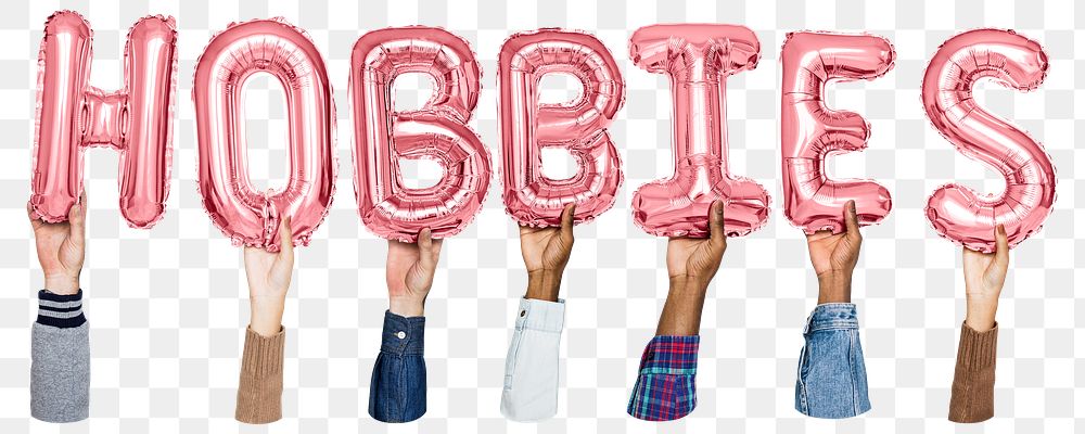 Hobbies word png, hands holding balloon typography, transparent background