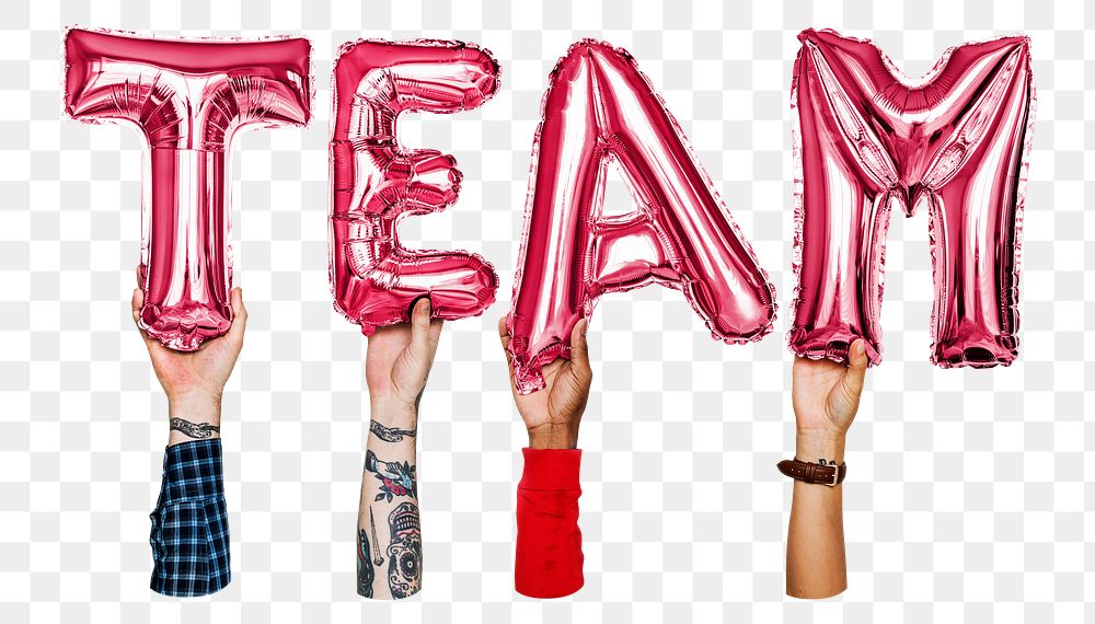 Team word png, hands holding balloon typography, transparent background