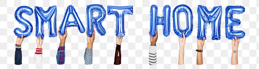 Smart home word png, hands holding balloon typography, transparent background