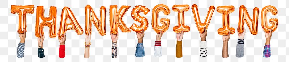 Thanksgiving word png, hands holding balloon typography, transparent background
